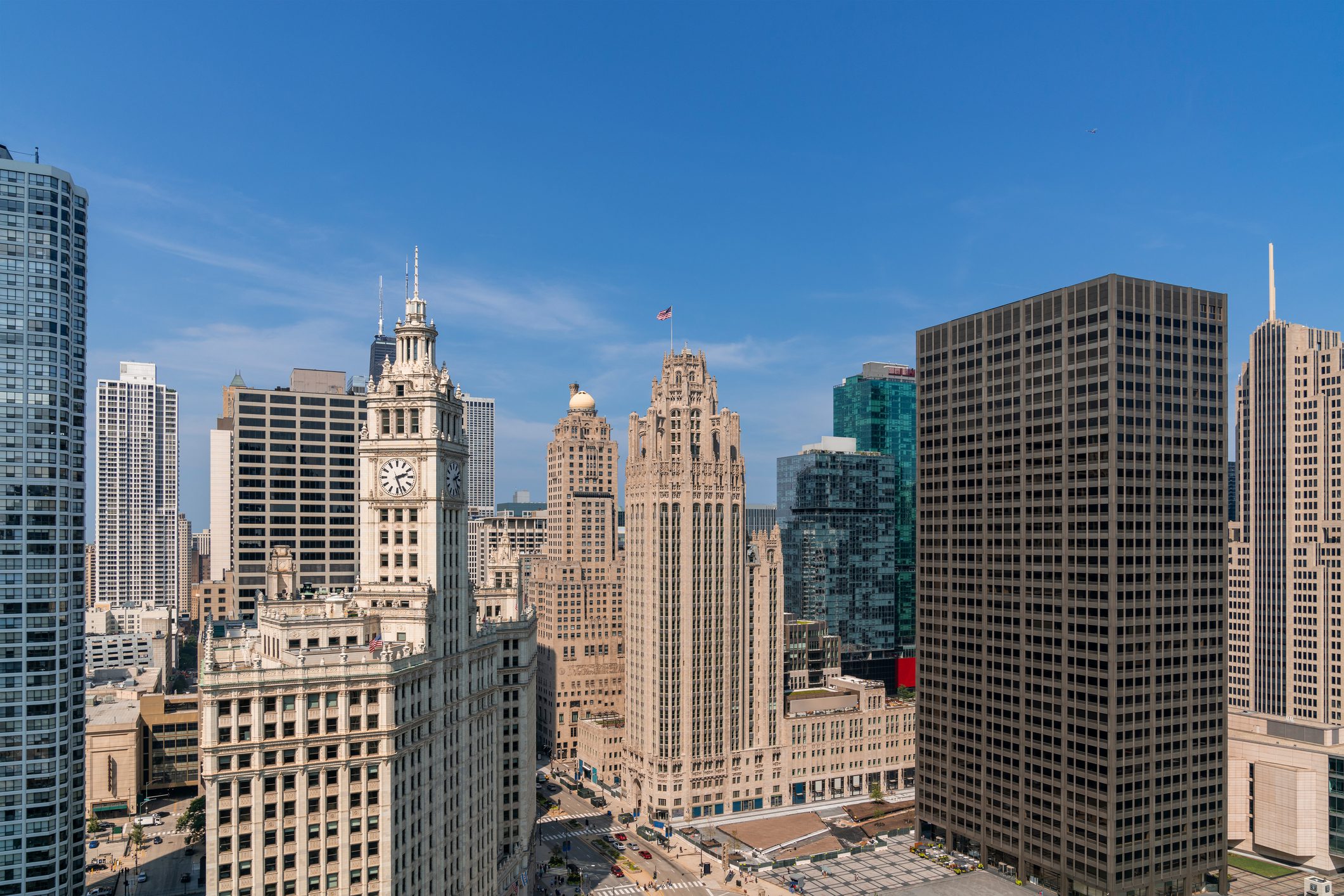 Aerial panoramic city view of Chicago downtown area at day time, Illinois, USA. Bird's eye view of skyscrapers at financial district, skyline. A vibrant business neighborhood.